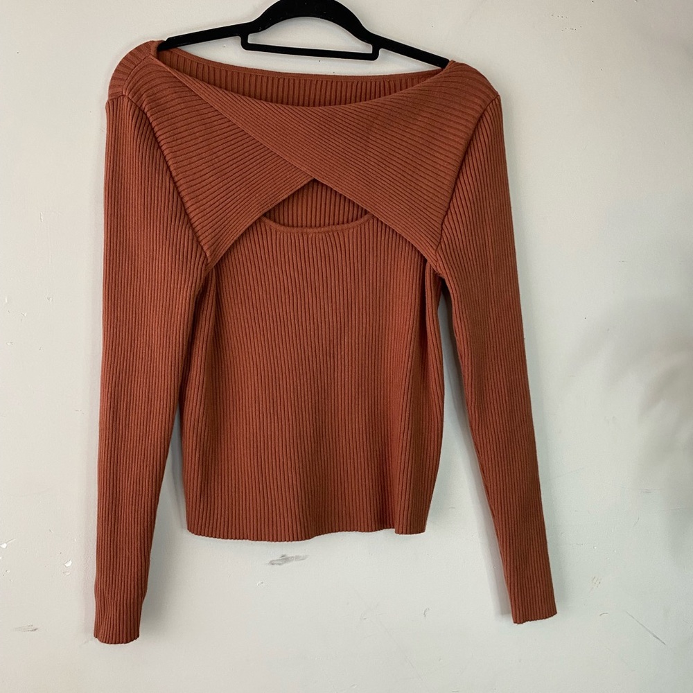 SHEIN Curve 1XL Rust Brown Ribbed Knit Cutout Twist Front Sweater Top - Picture 2 of 4